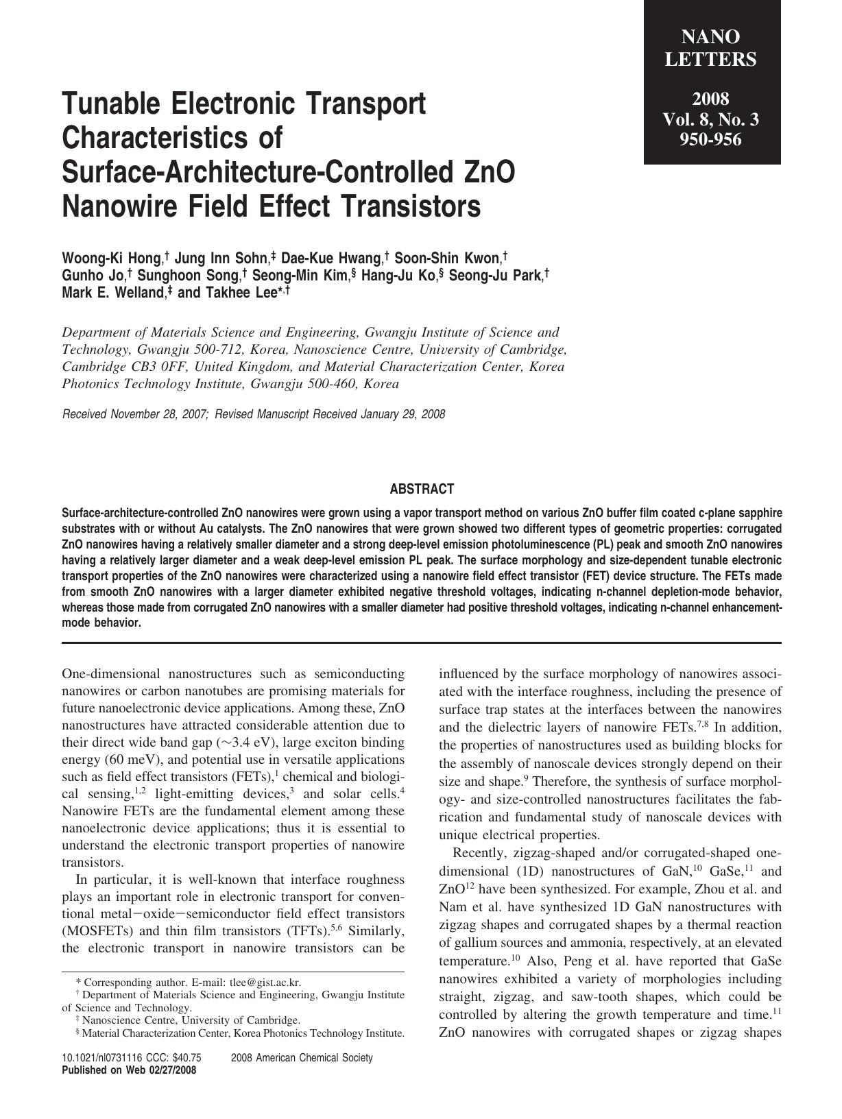 Tunable Electronic Transport Characteristics of Surface-Architecture-Controlled ZnO Nanowire Field Effect Transistors by Unknown