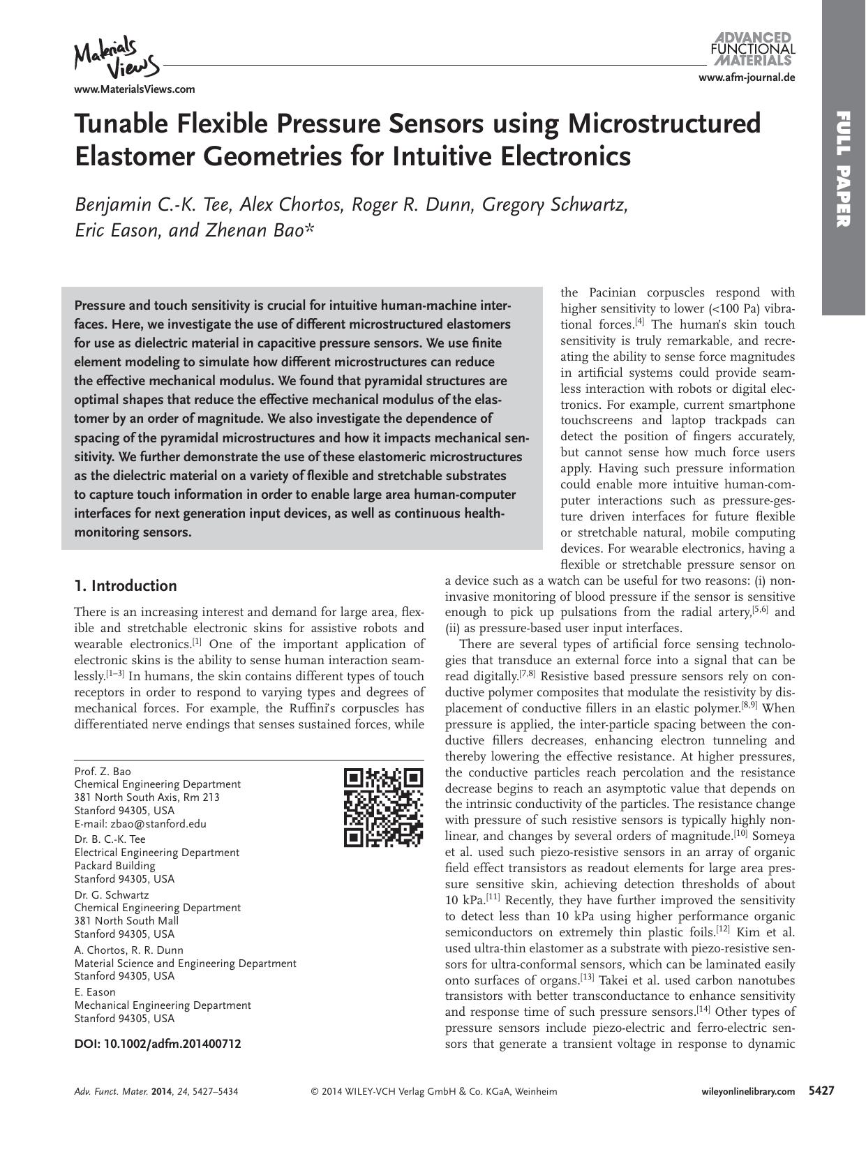 Tunable Flexible Pressure Sensors using Microstructured Elastomer Geometries for Intuitive Electronics by processteam