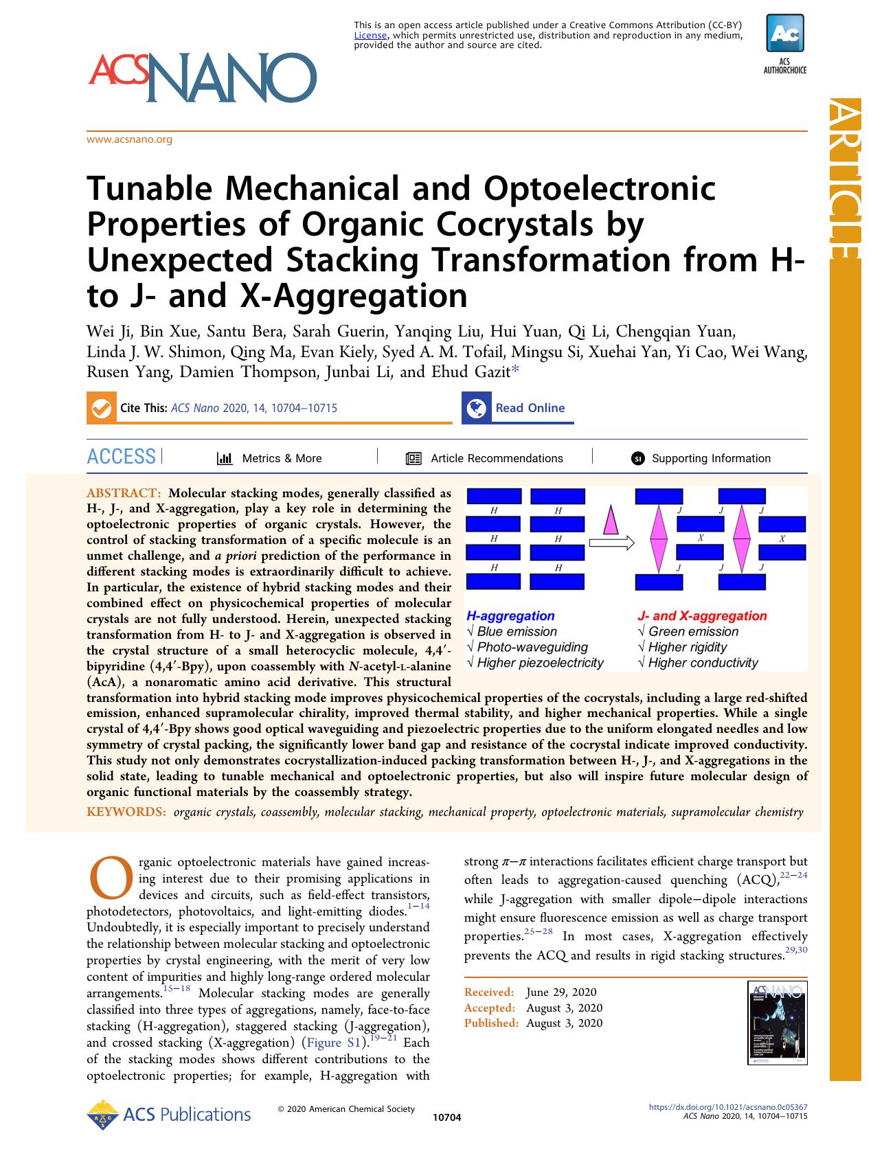 Tunable Mechanical and Optoelectronic Properties of Organic Cocrystals by Unexpected Stacking Transformation from H- to J- and X-Aggregation by unknow