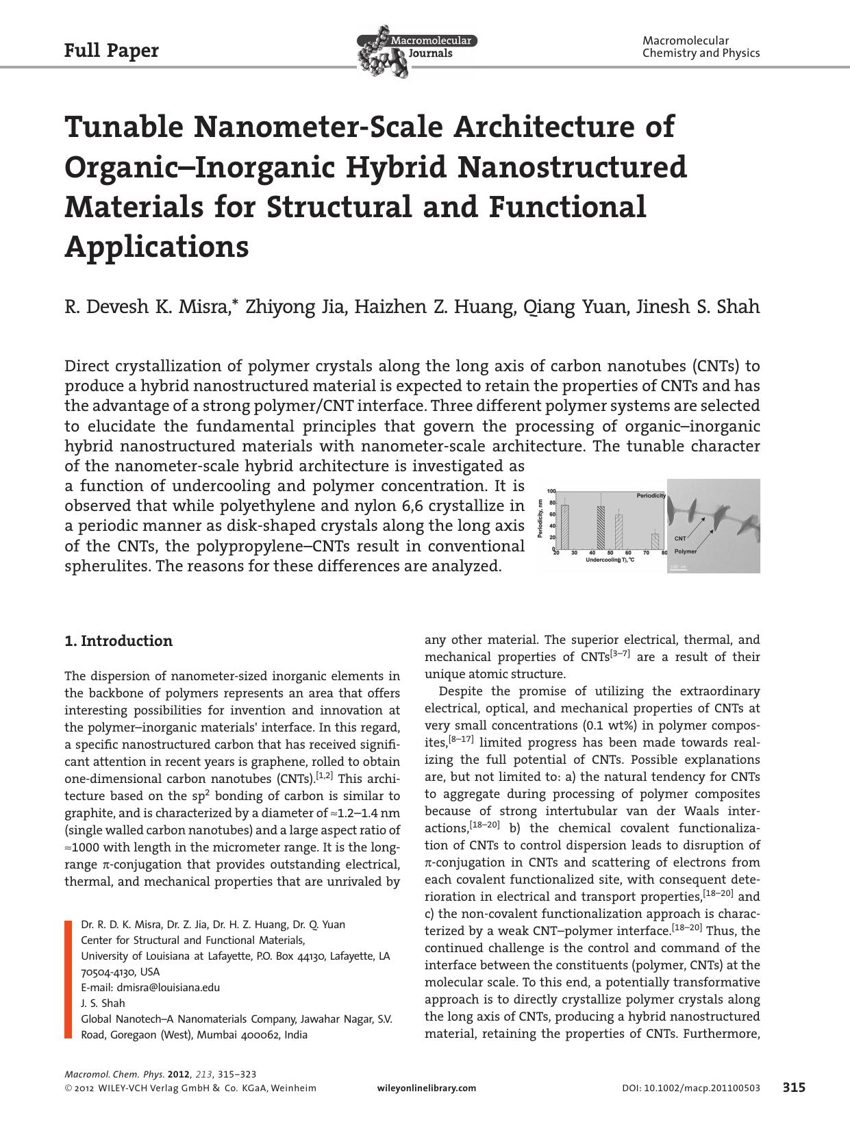 Tunable NanometerScale Architecture of OrganicInorganic Hybrid Nanostructured Materials for Structural and Functional Applications by vng
