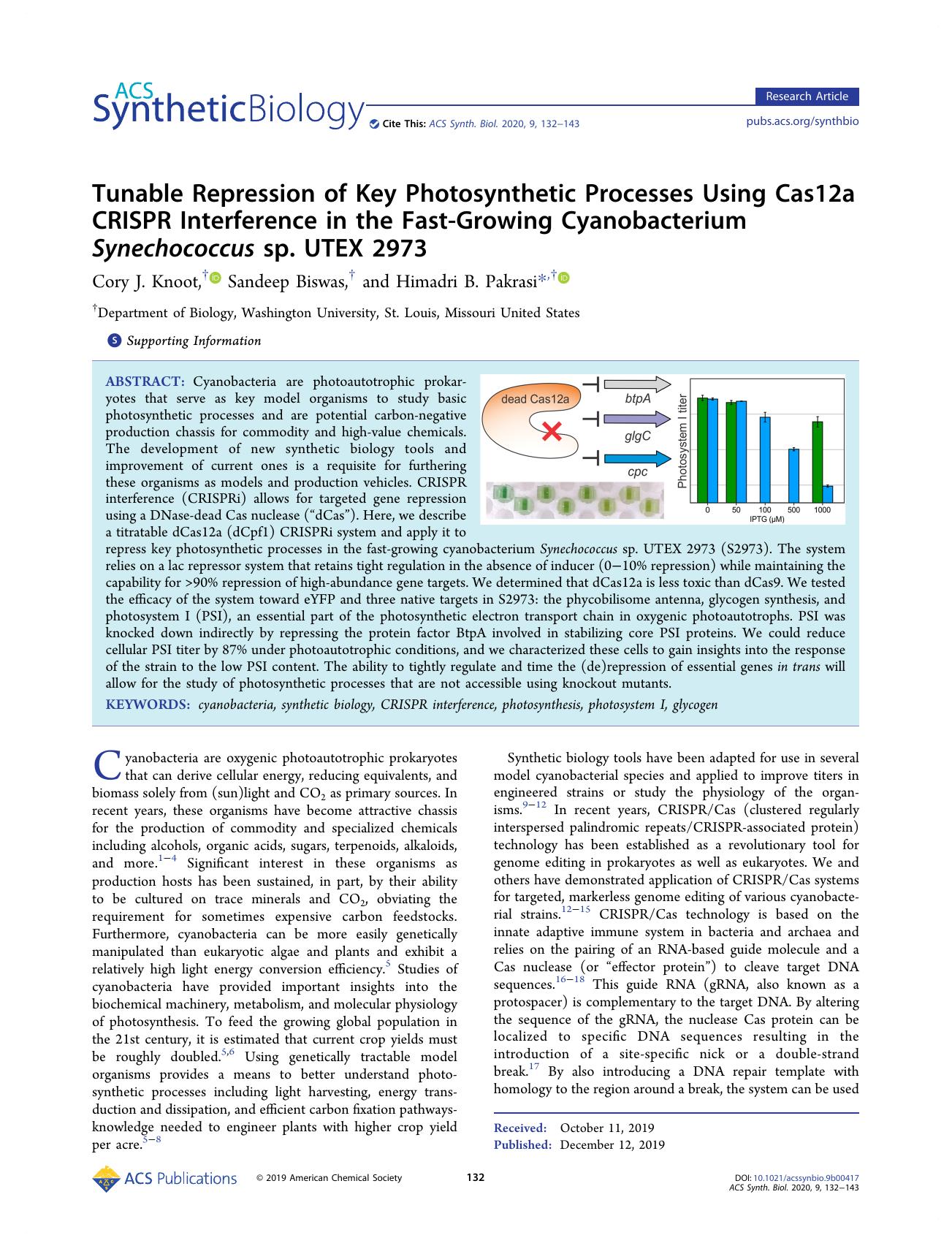 Tunable Repression of Key Photosynthetic Processes Using Cas12a CRISPR Interference in the Fast-Growing Cyanobacterium Synechococcus sp. UTEX 2973 by Cory J. Knoot Sandeep Biswas and Himadri B. Pakrasi