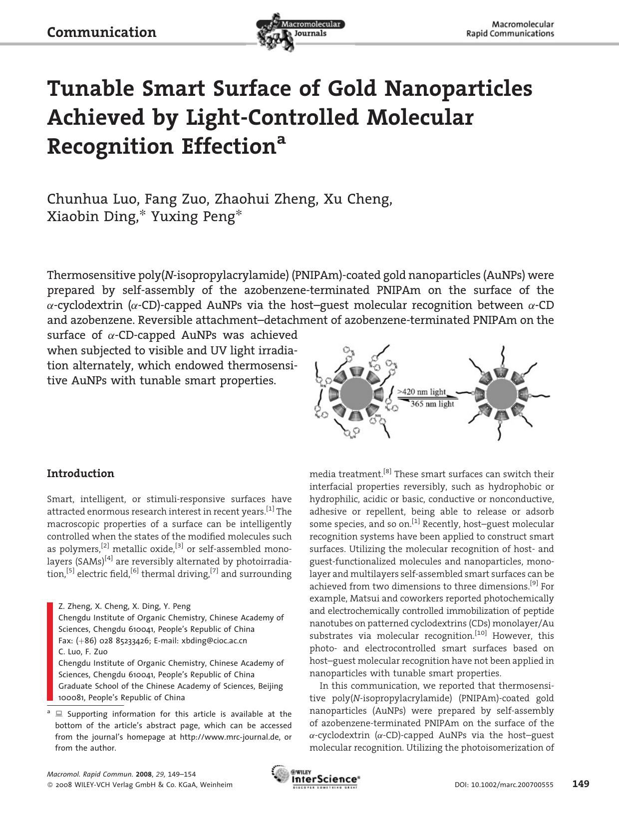 Tunable Smart Surface of Gold Nanoparticles Achieved by Light-Controlled Molecular Recognition Effection by Unknown