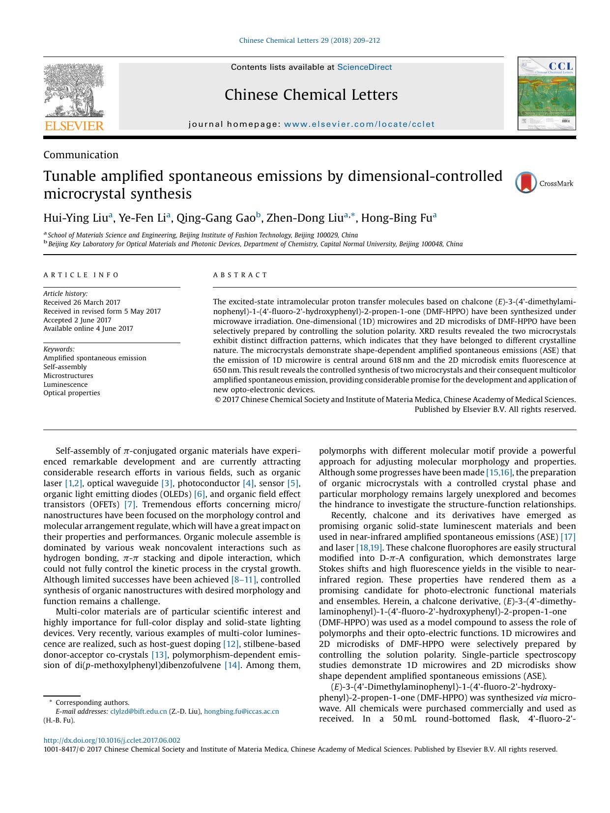 Tunable amplified spontaneous emissions by dimensional-controlled microcrystal synthesis by Hui-Ying Liu & Ye-Fen Li & Qing-Gang Gao & Zhen-Dong Liu & Hong-Bing Fu