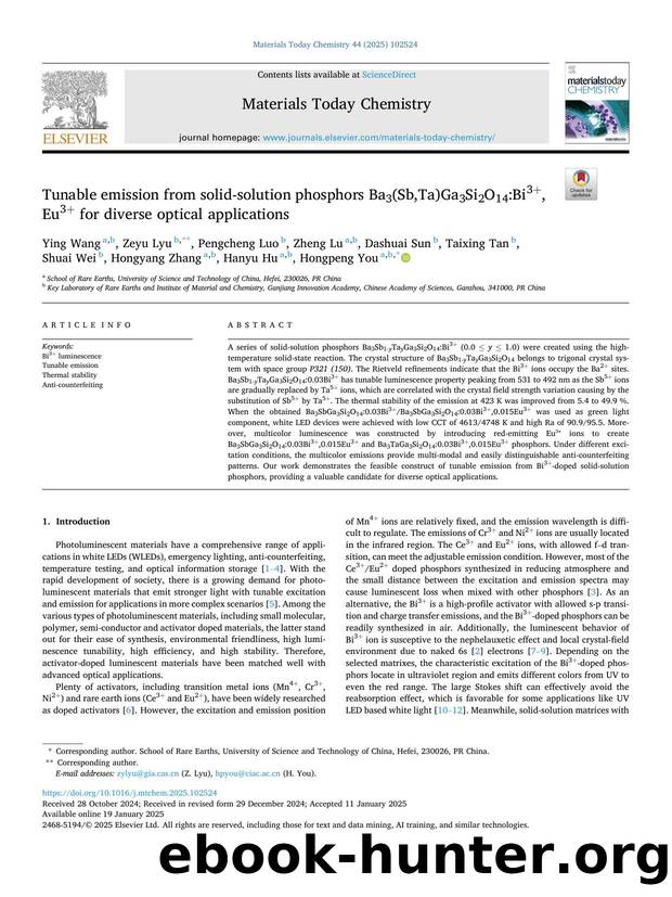 Tunable emission from solid-solution phosphors Ba3(Sb,Ta)Ga3Si2O14:Bi3+,Eu3+ for diverse optical applications by unknow