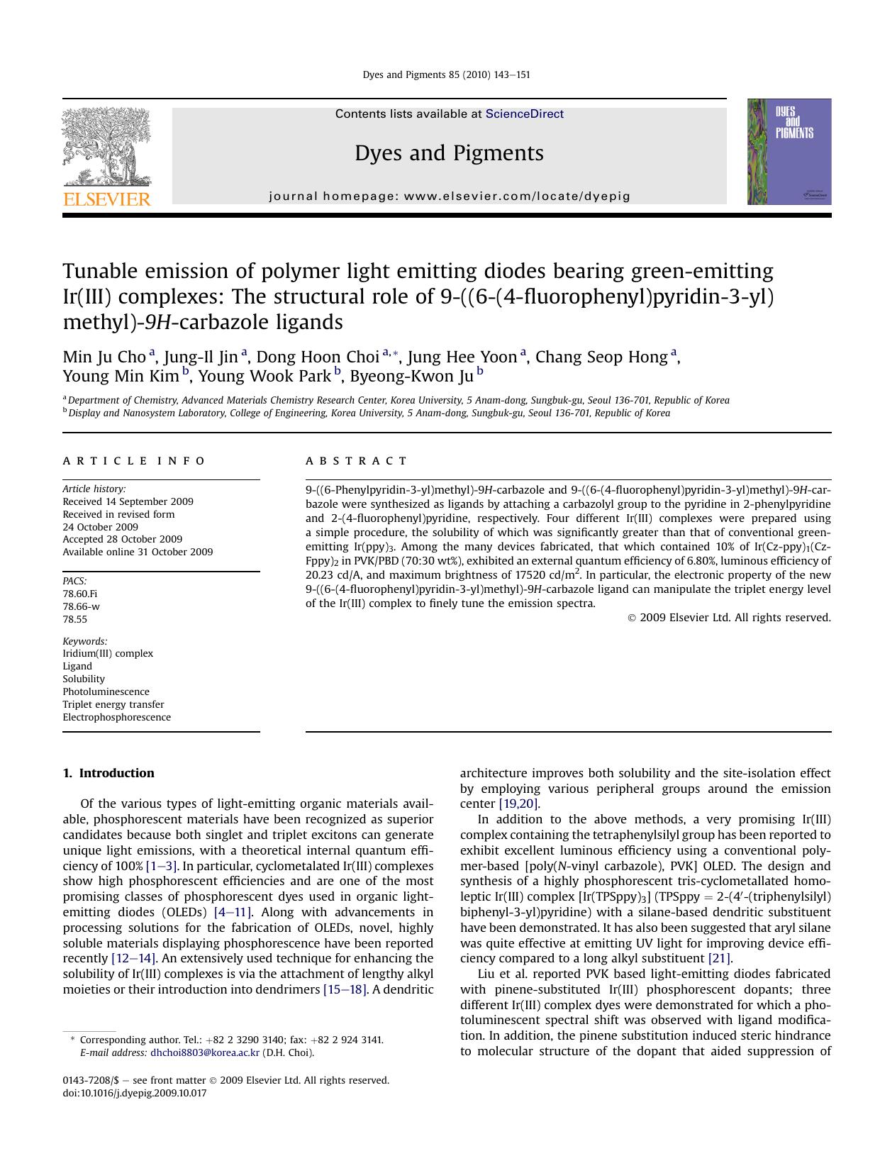 Tunable emission of polymer light emitting diodes bearing green-emitting Ir(III) complexes: The structural role of 9-((6-(4-fluorophenyl)pyridin-3-yl)methyl)-9H-carbazole ligands by unknow