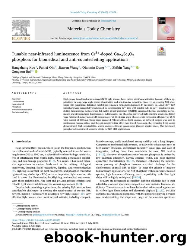 Tunable near-infrared luminescence from Cr3+-doped Ga2-xScxO3 phosphors for biomedical and anti-counterfeiting applications by Hangzhang Kou & Fanlei Qin & Jiawen Wang & Qianmin Dong & Zhibin Yang & Gongxun Bai