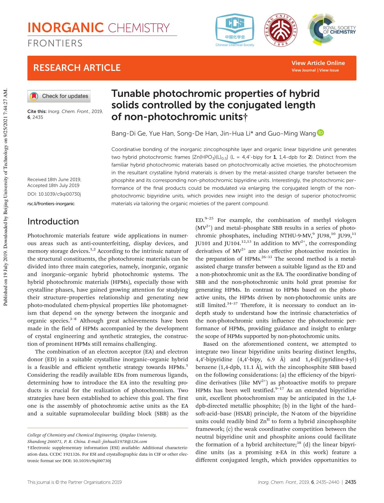 Tunable photochromic properties of hybrid solids controlled by the conjugated length of non-photochromic units by Bang-Di Ge Yue Han Song-De Han Jin-Hua Li Guo-Ming Wang
