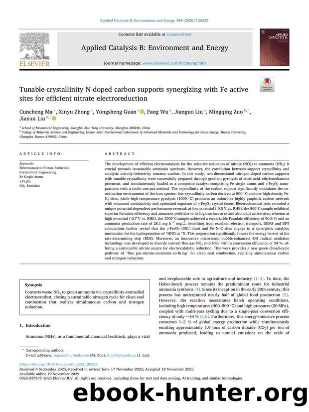 Tunable-crystallinity N-doped carbon supports synergizing with Fe active sites for efficient nitrate electroreduction by Cuncheng Ma & Xinyu Zhong & Yongsheng Guan & Fang Wu & Jianguo Liu & Mingqing Zuo & Jiaxun Liu