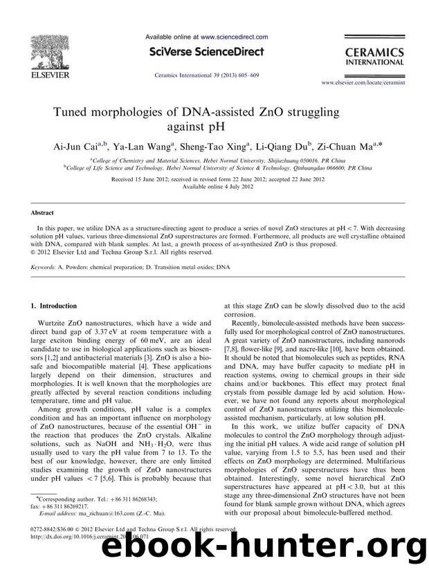 Tuned morphologies of DNA-assisted ZnO struggling against pH by Ai-Jun Cai & Ya-Lan Wang & Sheng-Tao Xing & Li-Qiang Du & Zi-Chuan Ma