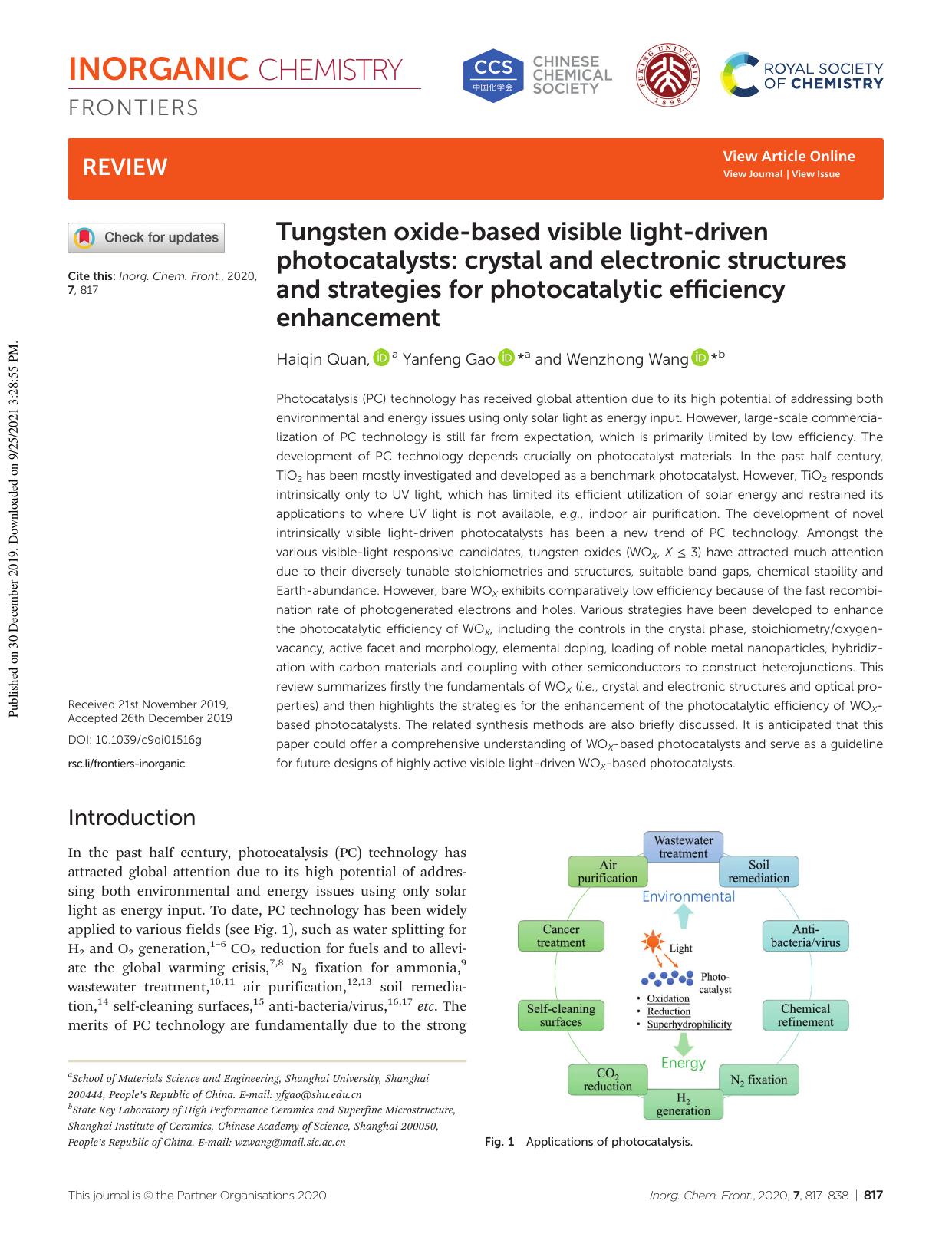 Tungsten oxide-based visible light-driven photocatalysts: crystal and electronic structures and strategies for photocatalytic efficiency enhancement by Haiqin Quan Yanfeng Gao Wenzhong Wang