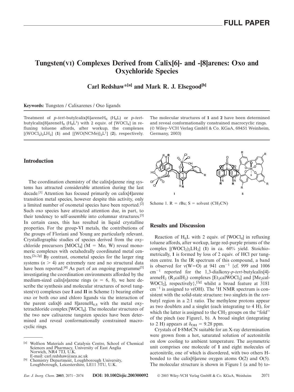 Tungsten(VI) Complexes Derived from Calix[6]- and -[8]arenes: Oxo and Oxychloride Species by Unknown