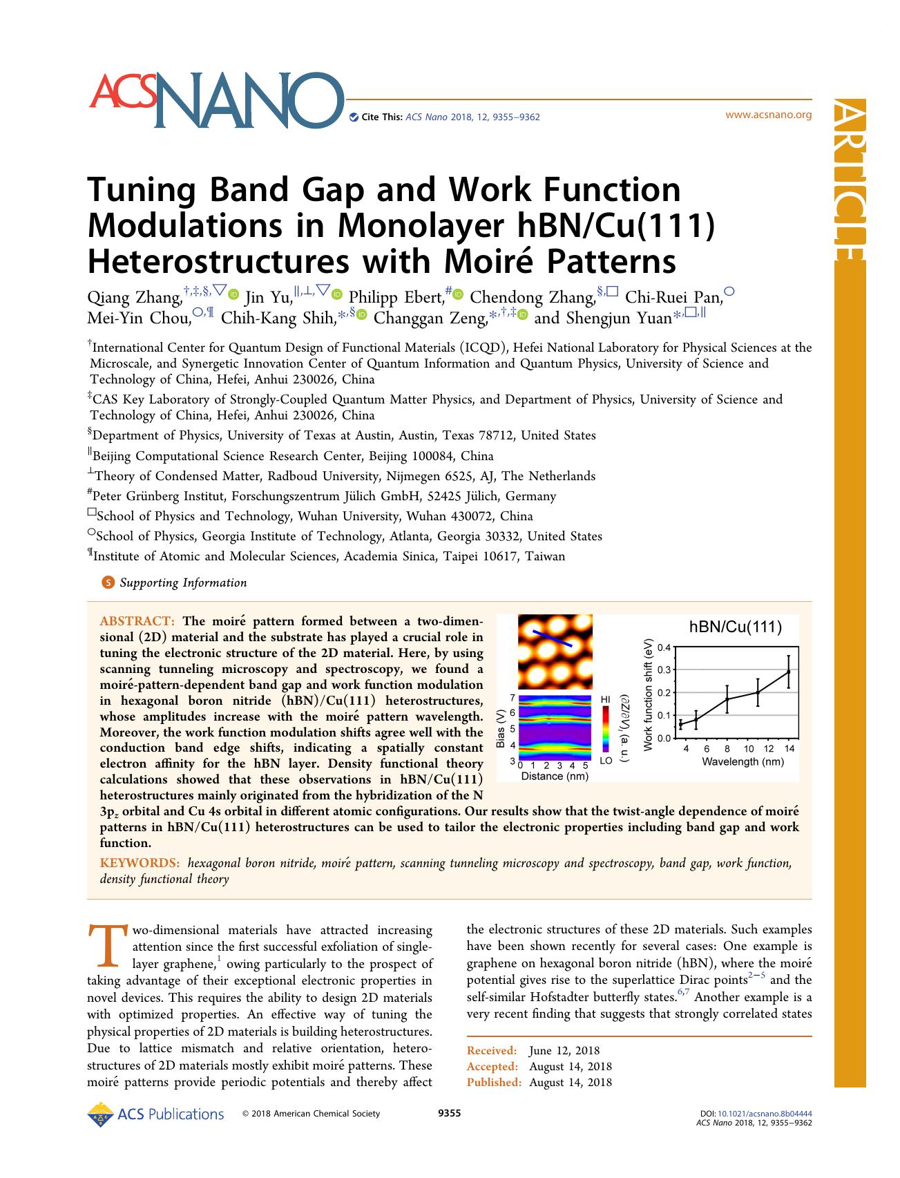 Tuning Band Gap and Work Function Modulations in Monolayer hBNCu(111) Heterostructures with MoirÃ© Patterns by unknow