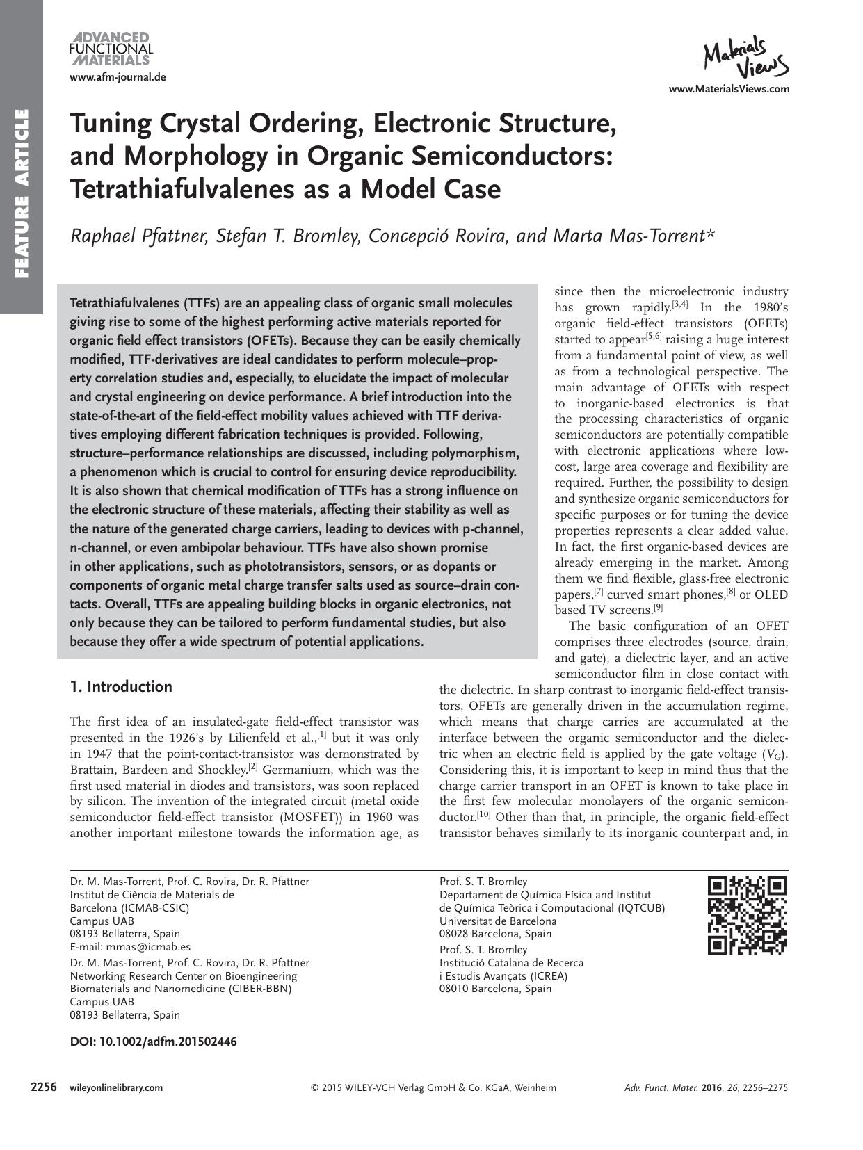 Tuning Crystal Ordering, Electronic Structure, and Morphology in Organic Semiconductors: Tetrathiafulvalenes as a Model Case by Unknown