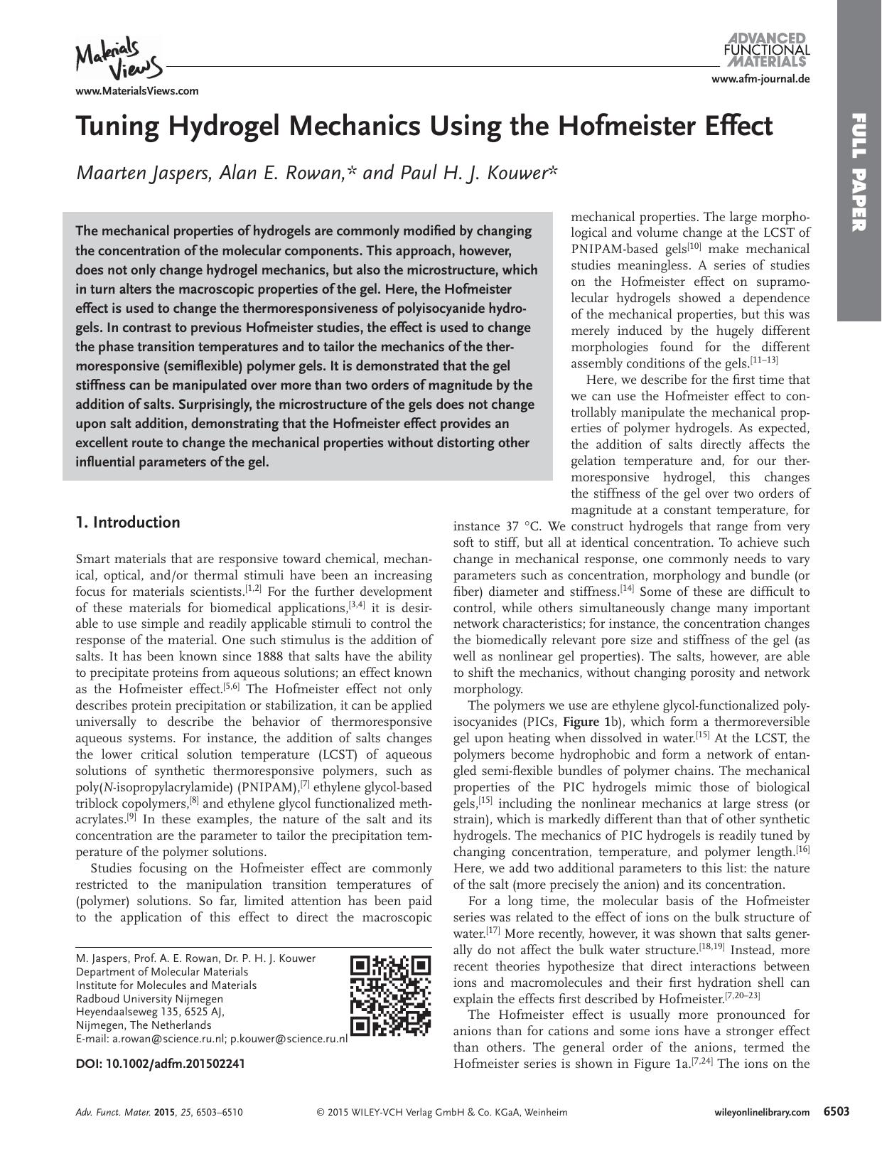 Tuning Hydrogel Mechanics Using the Hofmeister Effect by Unknown