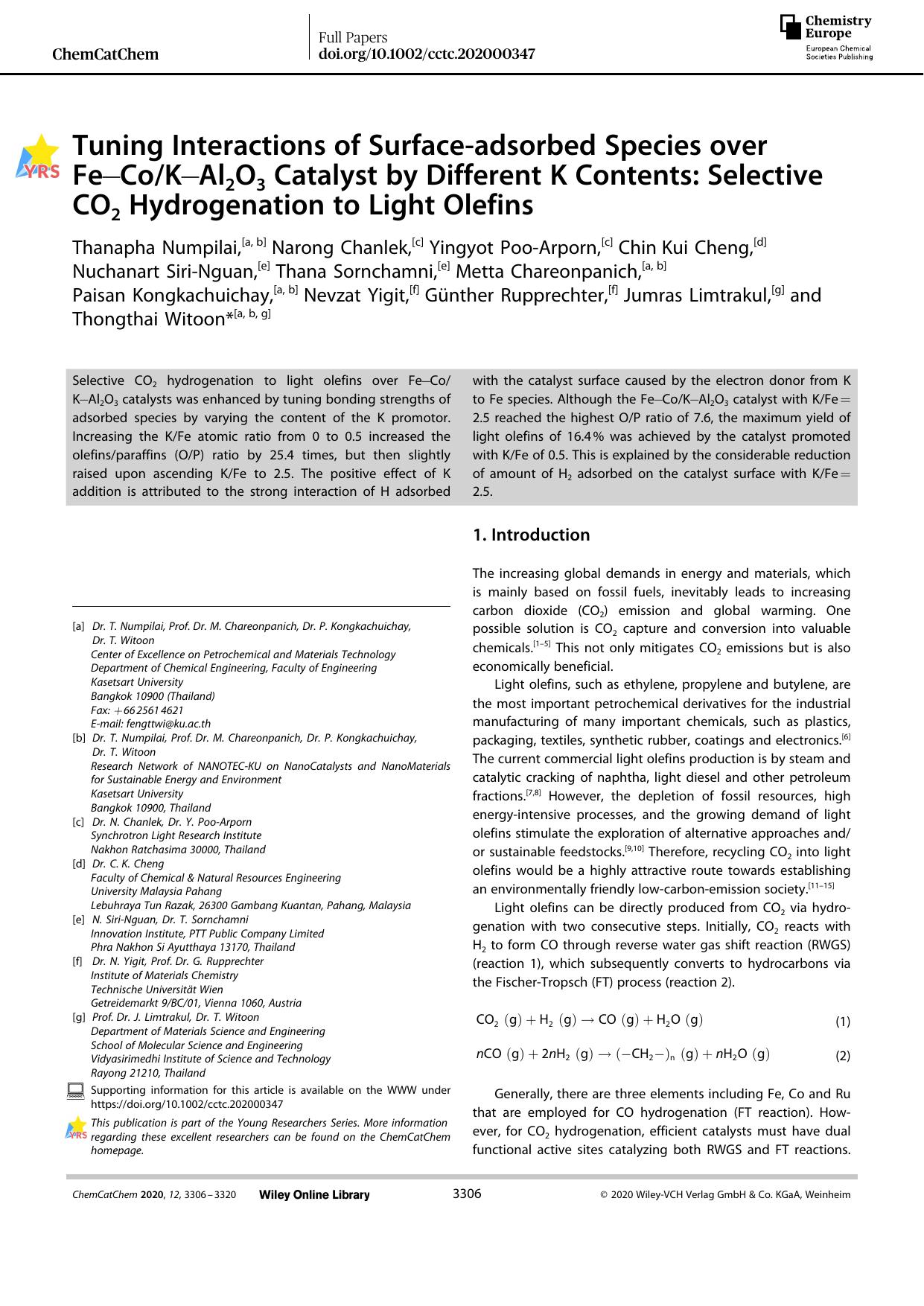 Tuning Interactions of Surfaceâadsorbed Species over FeâCoKâAl2O3 Catalyst by Different K Contents: Selective CO2 Hydrogenation to Light Olefins by Unknown