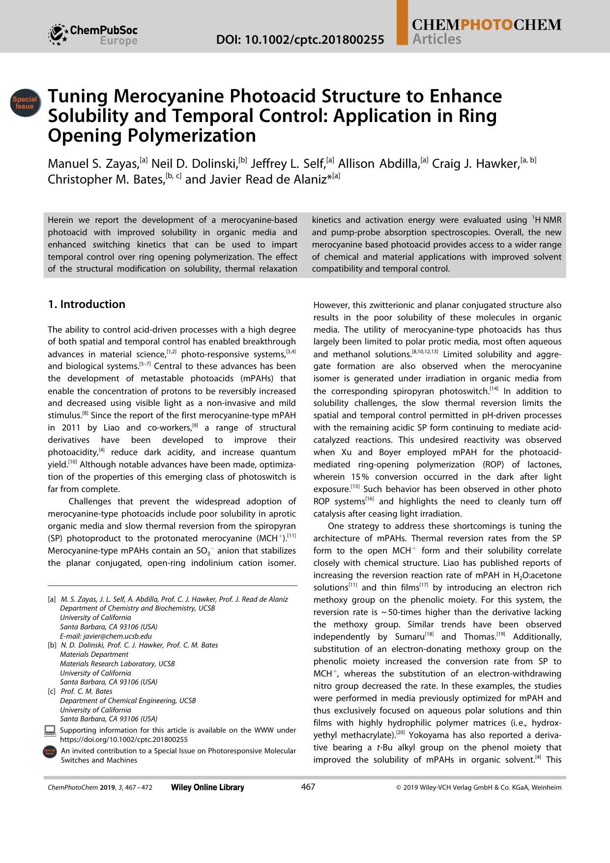 Tuning Merocyanine Photoacid Structure to Enhance Solubility and Temporal Control: Application in Ring Opening Polymerization by Unknown