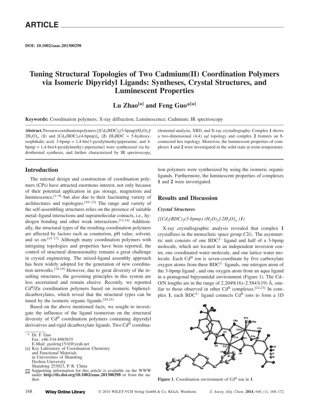 Tuning Structural Topologies of Two Cadmium(II) Coordination Polymers via Isomeric Dipyridyl Ligands: Syntheses, Crystal Structures, and Luminescent Properties by Unknown