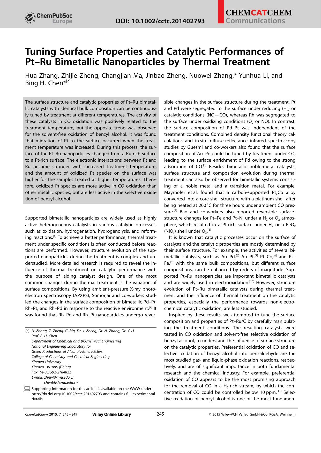 Tuning Surface Properties and Catalytic Performances of PtRu Bimetallic Nanoparticles by Thermal Treatment by Unknown