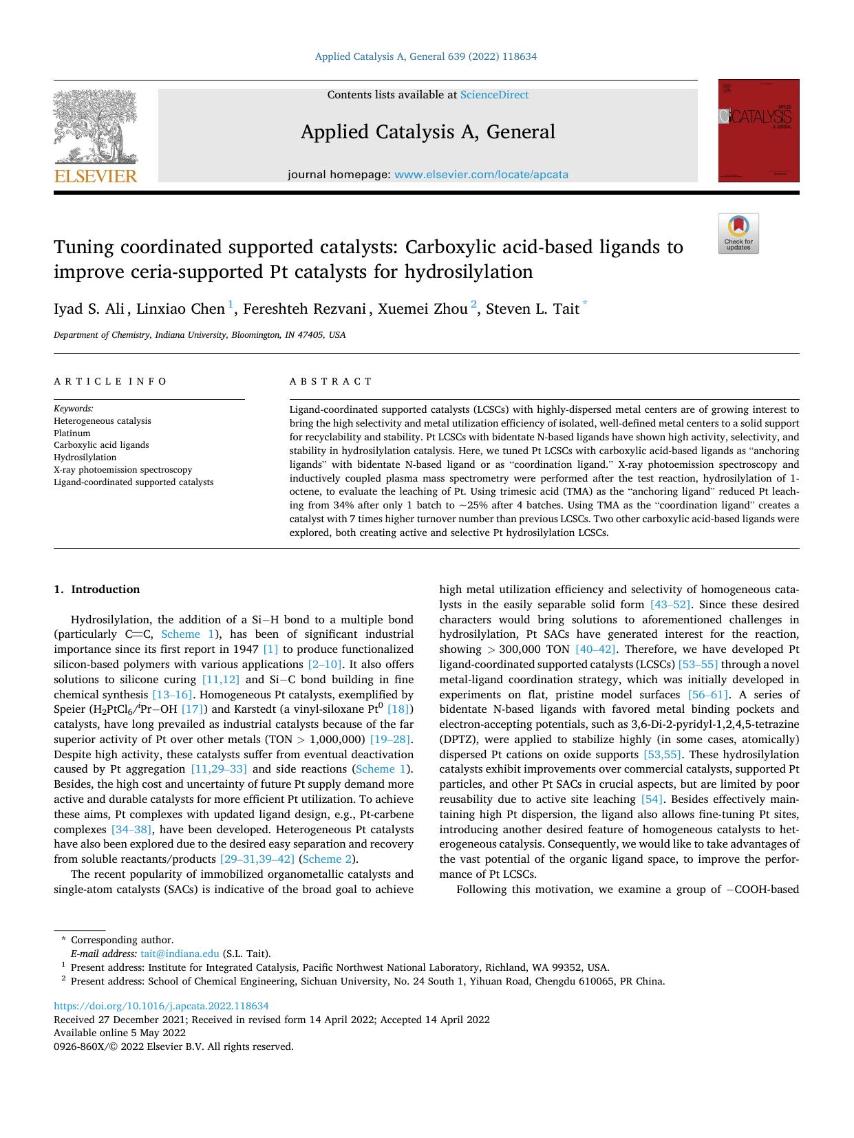 Tuning coordinated supported catalysts: Carboxylic acid-based ligands to improve ceria-supported Pt catalysts for hydrosilylation by Iyad S. Ali & Linxiao Chen & Fereshteh Rezvani & Xuemei Zhou & Steven L. Tait