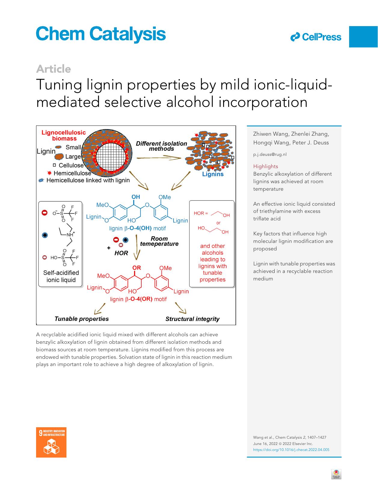 Tuning lignin properties by mild ionic-liquid-mediated selective alcohol incorporation by Zhiwen Wang
