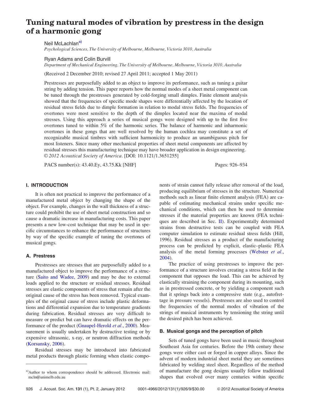 Tuning natural modes of vibration by prestress in the design of a harmonic gong by Neil McLachlan Ryan Adams and Colin Burvill