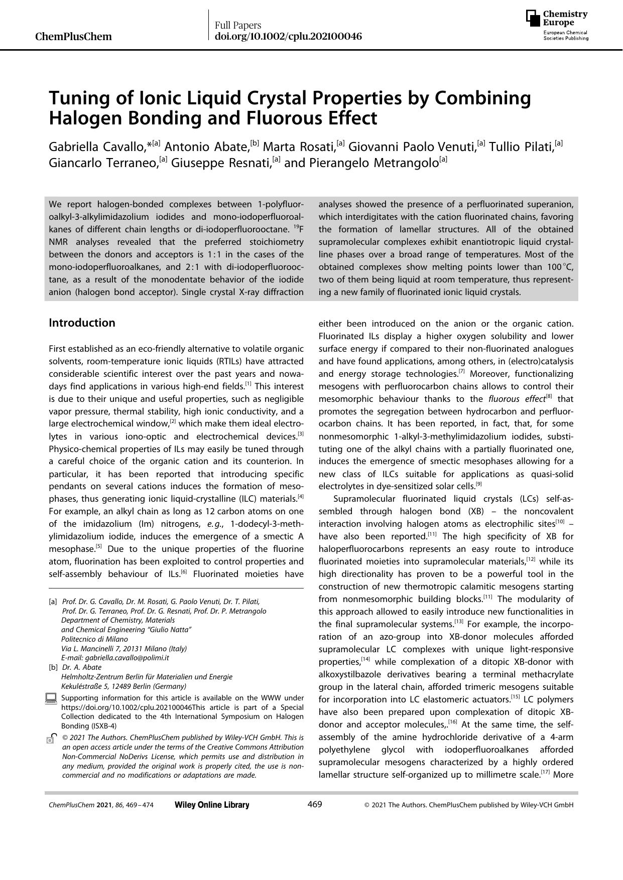 Tuning of Ionic Liquid Crystal Properties by Combining Halogen Bonding and Fluorous Effect by Unknown