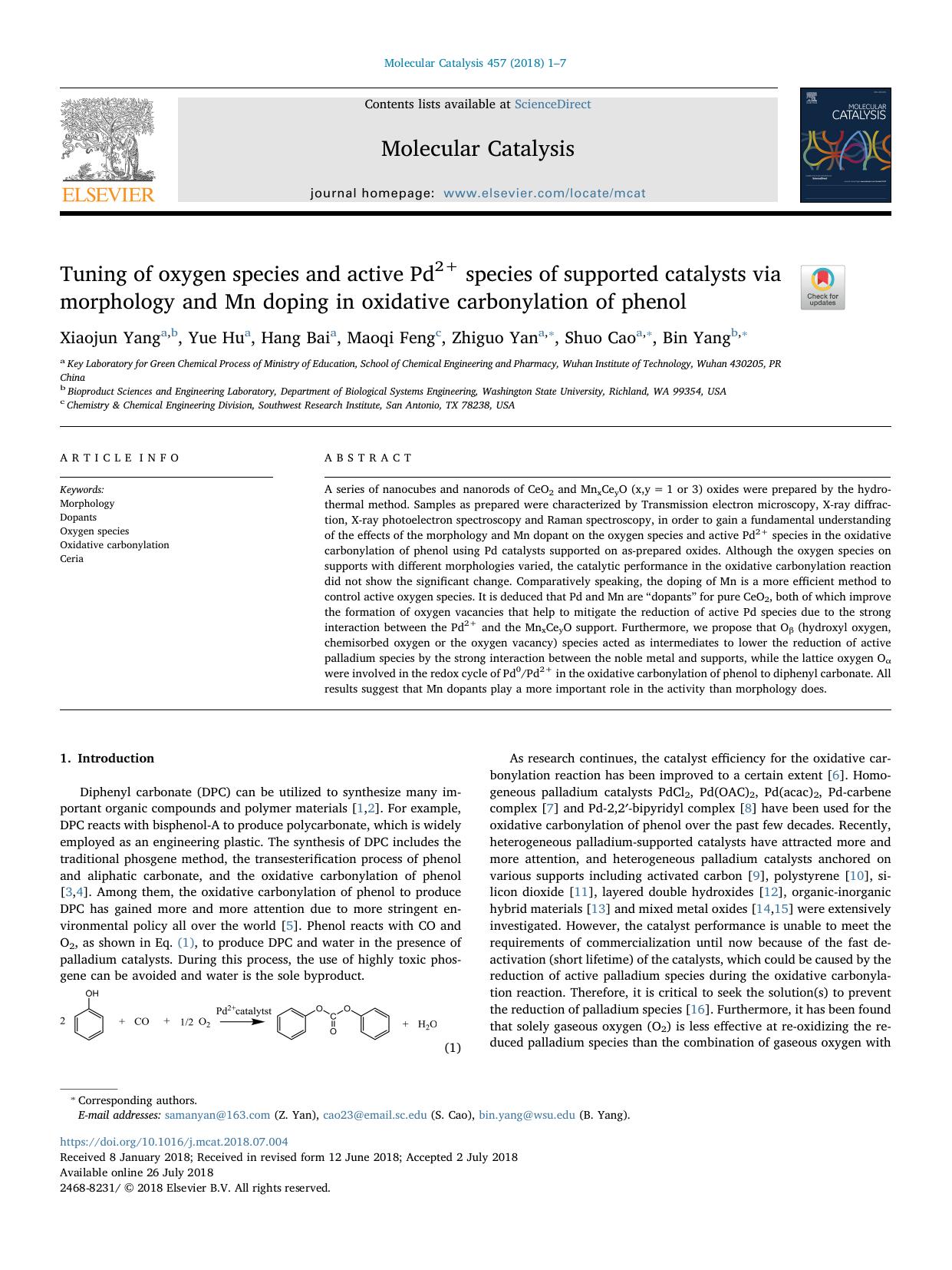 Tuning of oxygen species and active Pd2+ species of supported catalysts via morphology and Mn doping in oxidative carbonylation of phenol by Xiaojun Yang & Yue Hu & Hang Bai & Maoqi Feng & Zhiguo Yan & Shuo Cao & Bin Yang