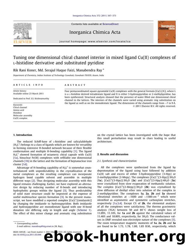 Tuning one dimensional chiral channel interior in mixed ligand Cu(II) complexes of l-histidine derivative and substituted pyridine by Rik Rani Koner & Md. Serajul Haque Faizi & Manabendra Ray