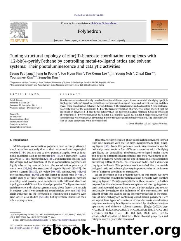 Tuning structural topology of zinc(II)-benzoate coordination complexes with 1,2-bis(4-pyridyl)ethene by controlling metal-to-ligand ratios and solvent systems: Their photoluminesce by unknow