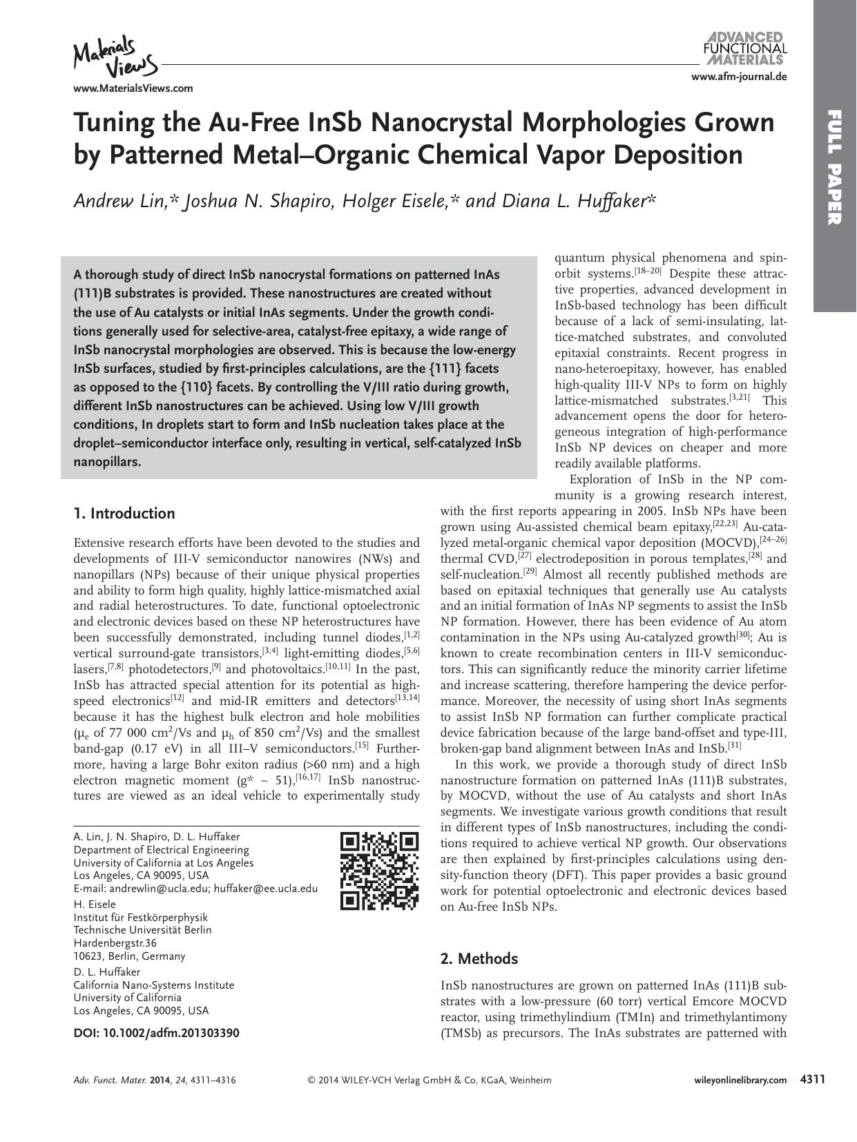 Tuning the AuFree InSb Nanocrystal Morphologies Grown by Patterned MetalOrganic Chemical Vapor Deposition by wbpm