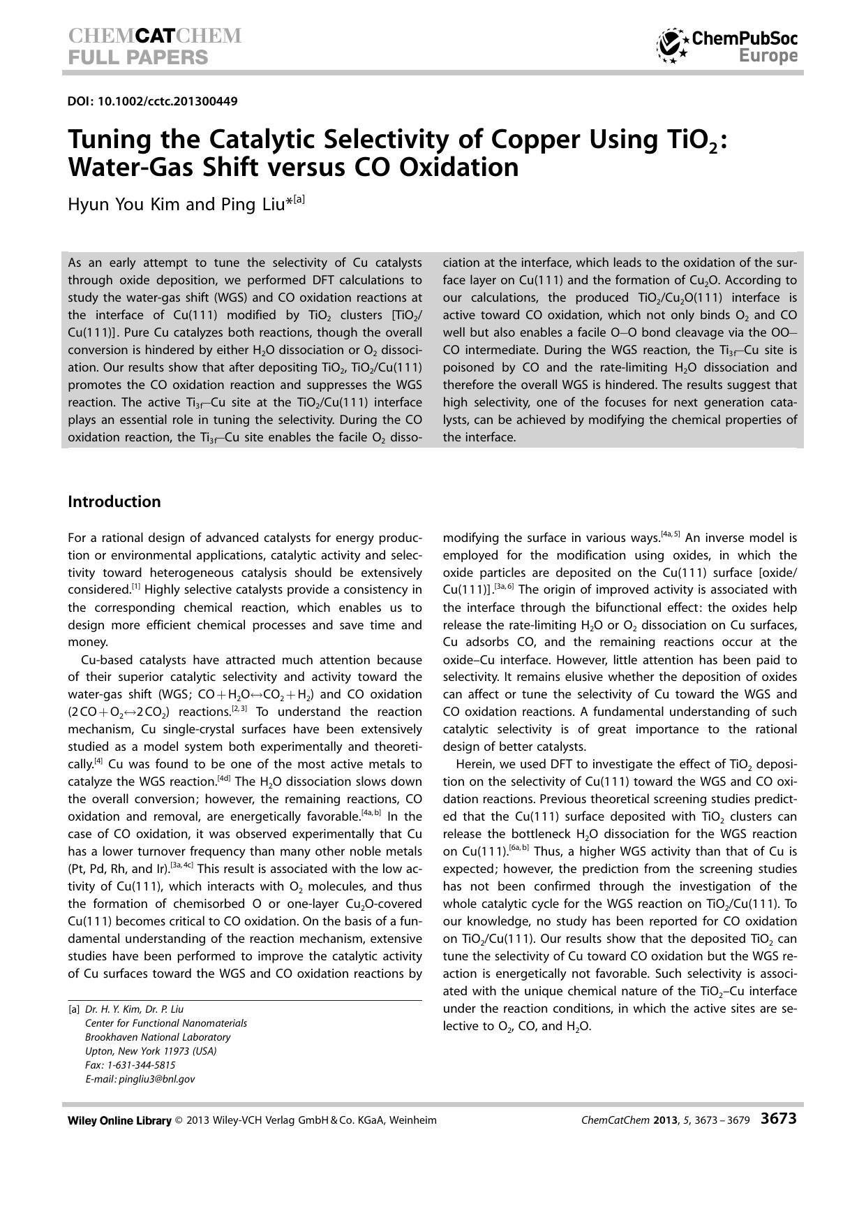 Tuning the Catalytic Selectivity of Copper Using TiO2: WaterGas Shift versus CO Oxidation by Unknown