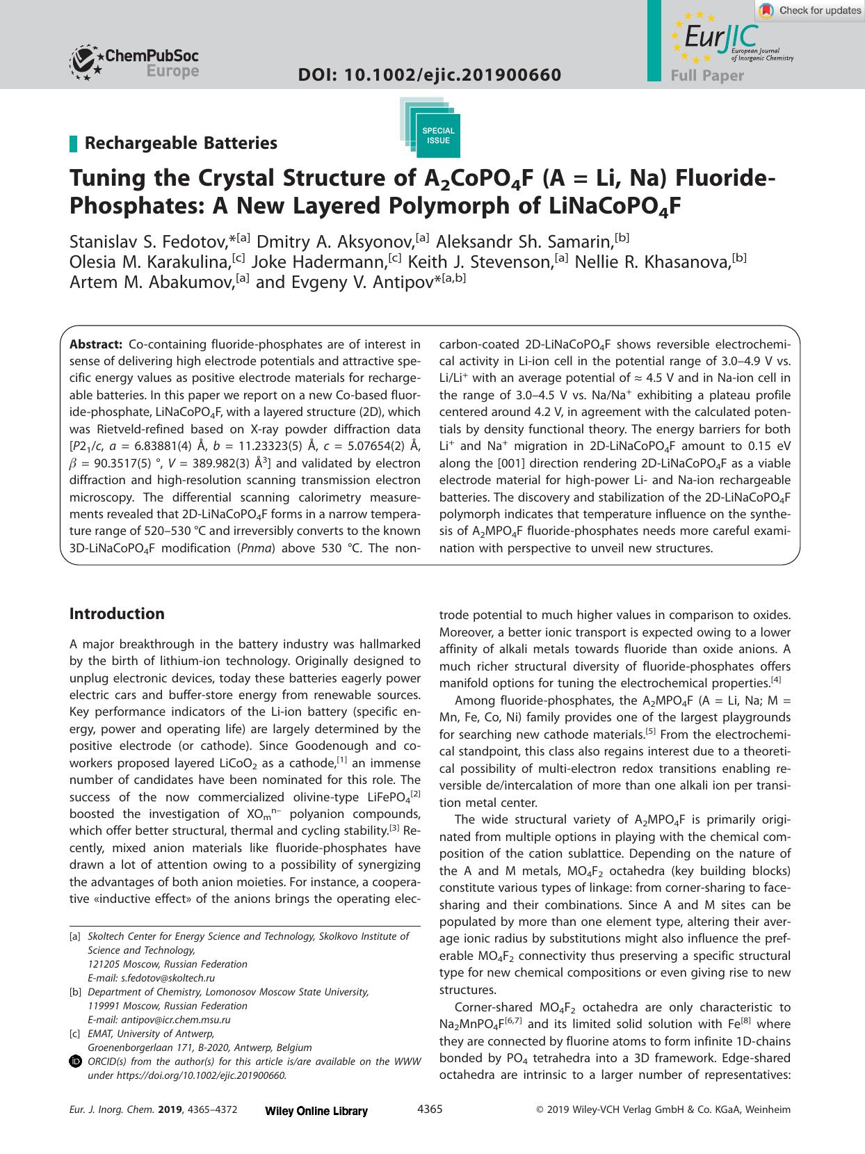 Tuning the Crystal Structure of A2CoPO4F (A = Li, Na) FluorideâPhosphates: A New Layered Polymorph of LiNaCoPO4F by Unknown