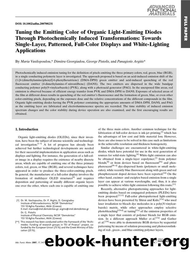 Tuning the Emitting Color of Organic Light-Emitting Diodes Through Photochemically Induced Transformations: Towards Single-Layer, Patterned, Full-Color Displays and White-Lighting Applications by Unknown