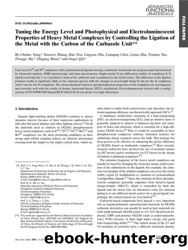 Tuning the Energy Level and Photophysical and Electroluminescent Properties of Heavy Metal Complexes by Controlling the Ligation of the Metal with the Carbon of the Carbazole Unit by Unknown