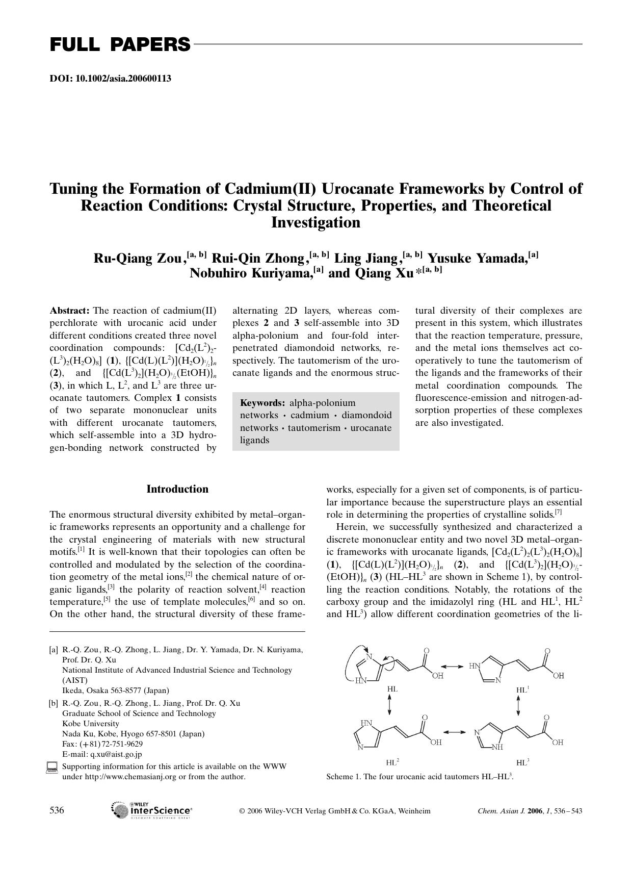Tuning the Formation of Cadmium(II) Urocanate Frameworks by Control of Reaction Conditions: Crystal Structure, Properties, and Theoretical Investigation by Unknown