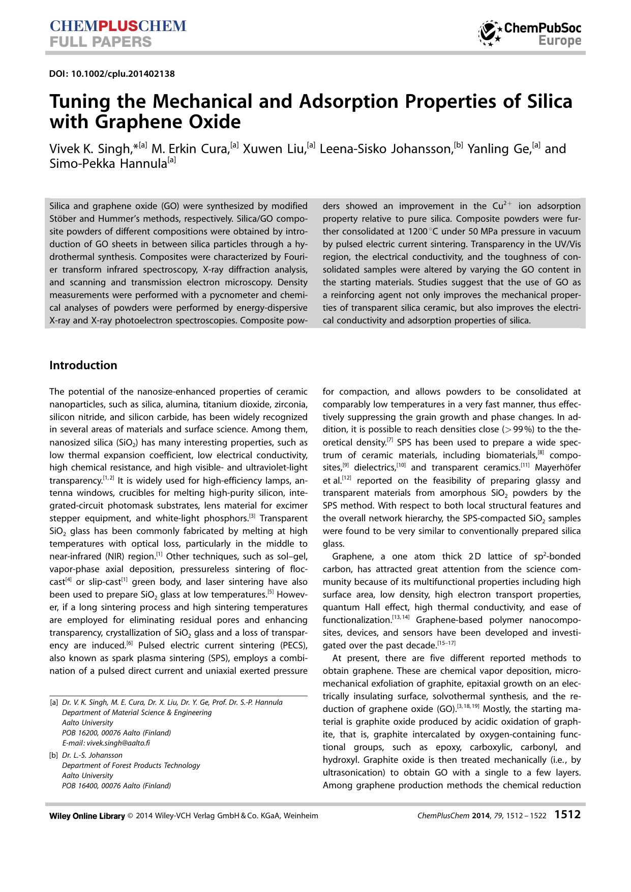 Tuning the Mechanical and Adsorption Properties of Silica with Graphene Oxide by Unknown