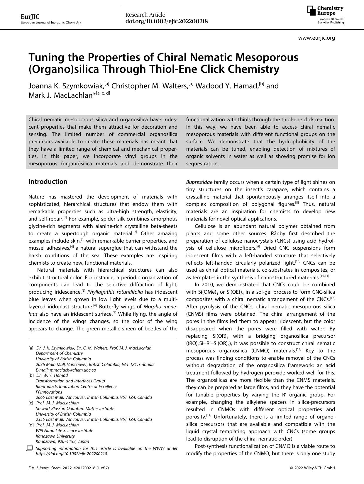 Tuning the Properties of Chiral Nematic Mesoporous (Organo)silica Through ThiolâEne Click Chemistry by Unknown