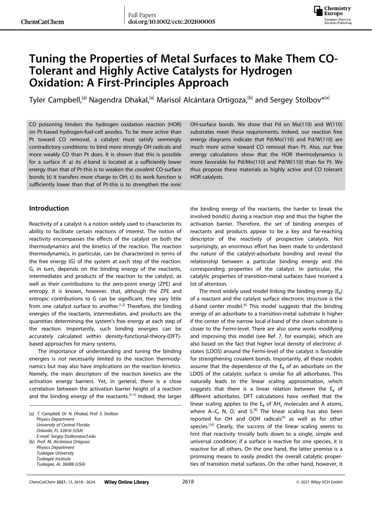 Tuning the Properties of Metal Surfaces to Make Them COâTolerant and Highly Active Catalysts for Hydrogen Oxidation: A FirstâPrinciples Approach by Unknown