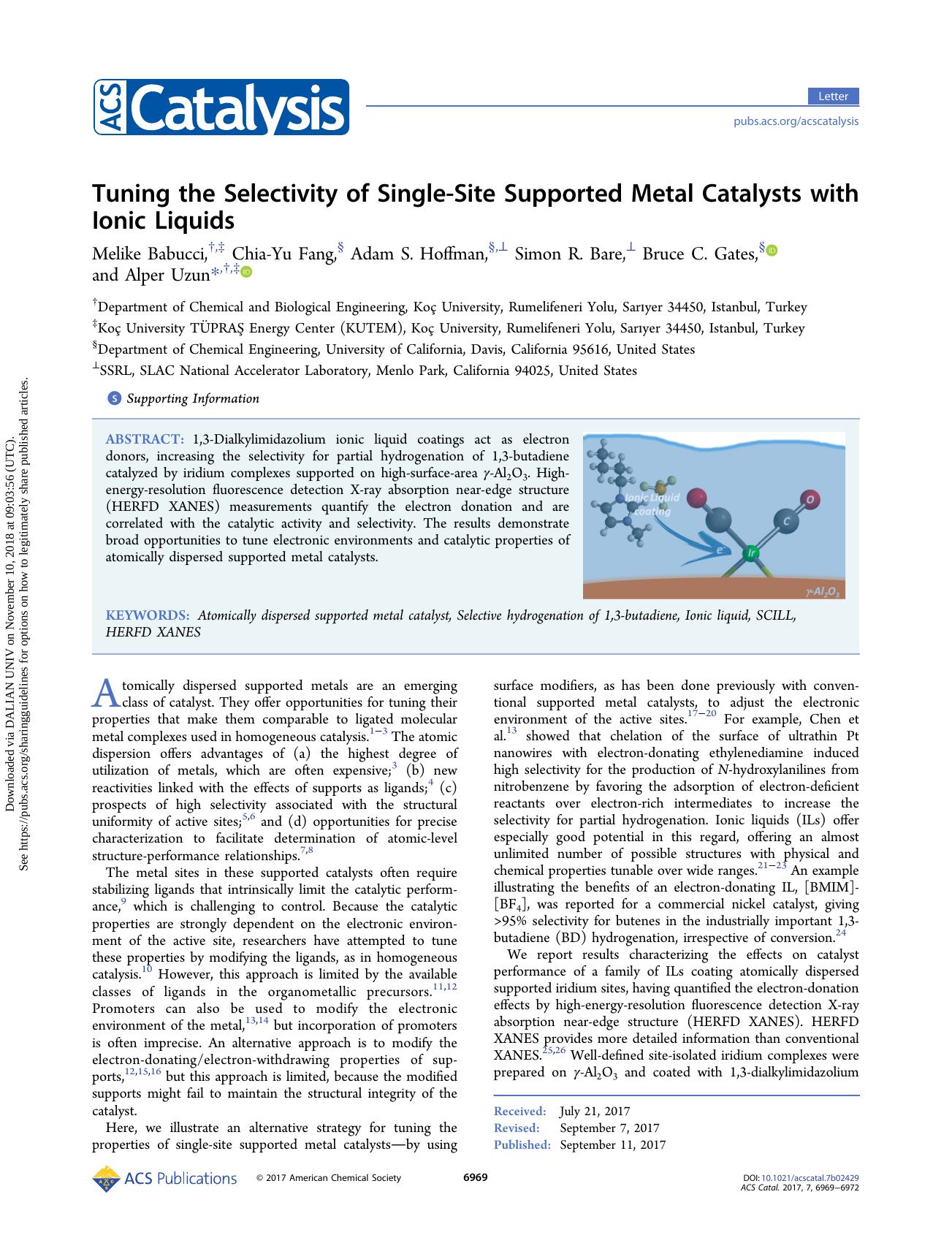 Tuning the Selectivity of Single-Site Supported Metal Catalysts with Ionic Liquids by Melike Babucci Chia-Yu Fang Adam S. Hoffman Simon R. Bare Bruce C. Gates & Alper Uzun