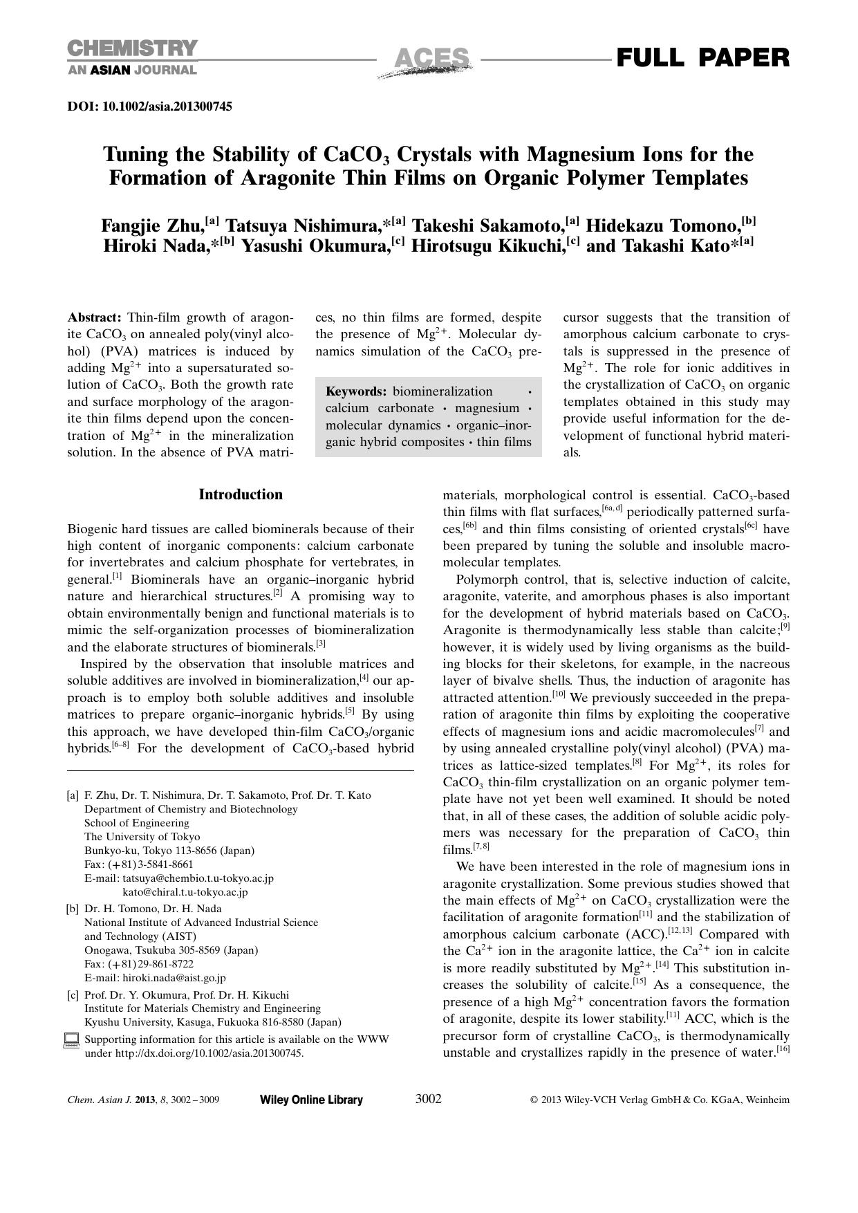 Tuning the Stability of CaCO3 Crystals with Magnesium Ions for the Formation of Aragonite Thin Films on Organic Polymer Templates by Unknown