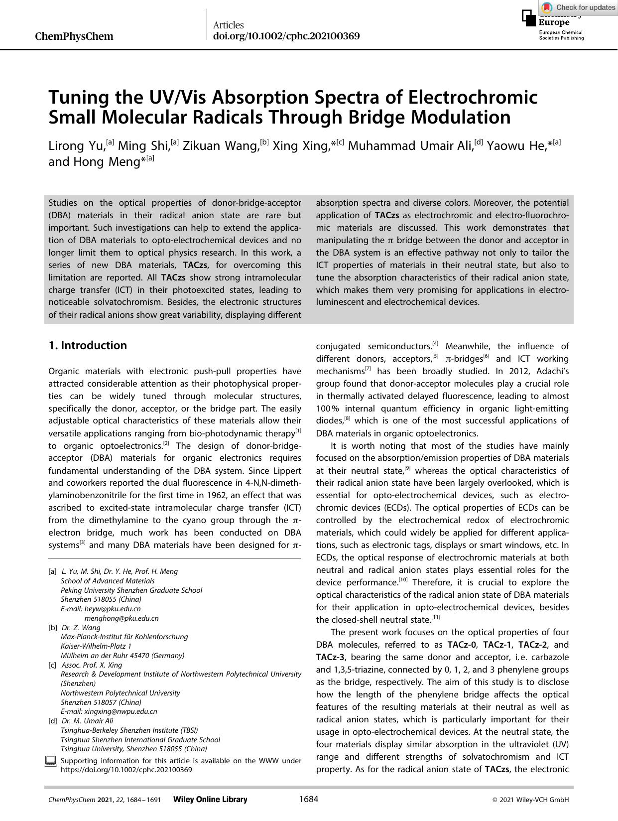 Tuning the UVVis Absorption Spectra of Electrochromic Small Molecular Radicals Through Bridge Modulation by Unknown