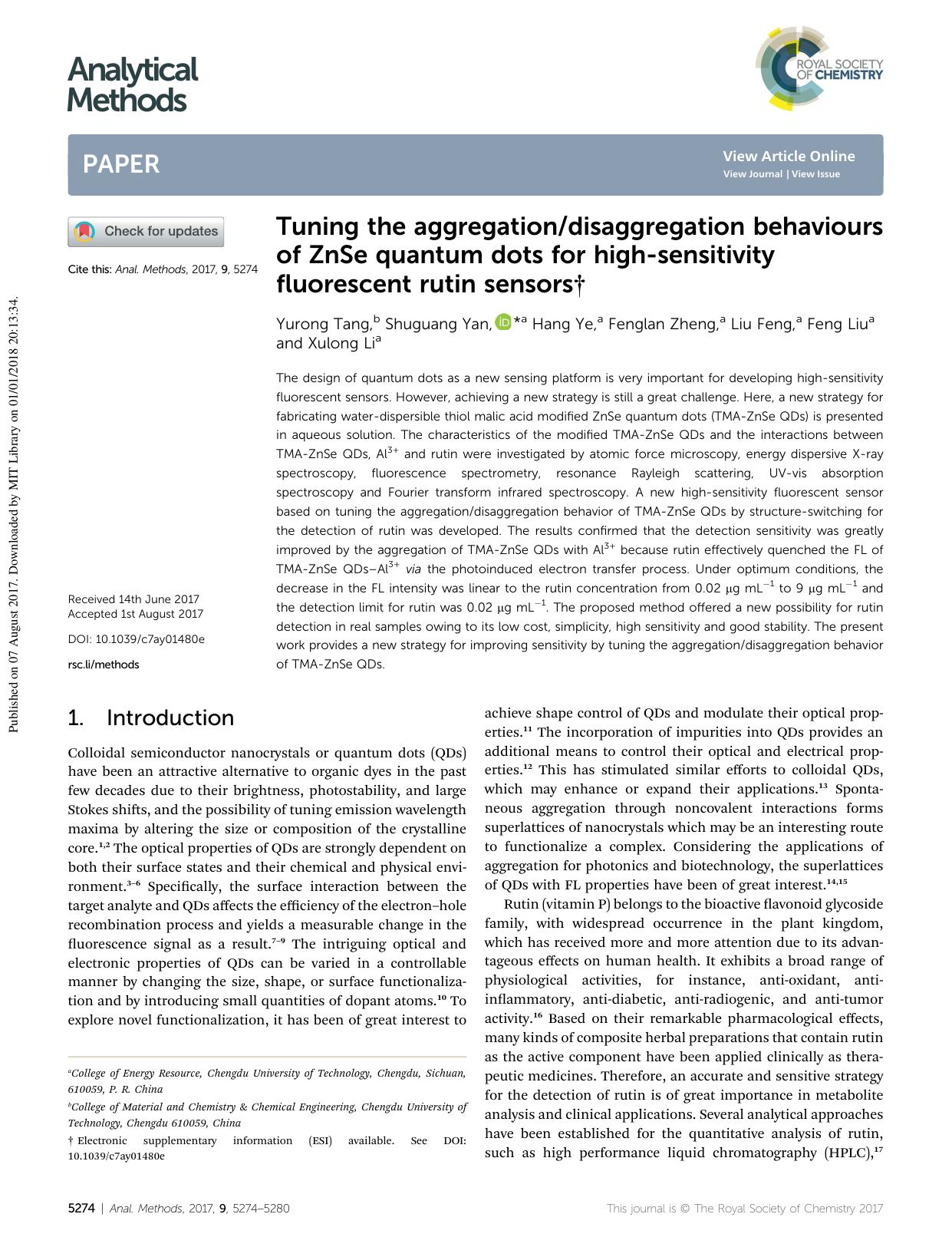 Tuning the aggregationdisaggregation behaviours of ZnSe quantum dots for high-sensitivity fluorescent rutin sensors by Yurong Tang & Shuguang Yan & Hang Ye & Fenglan Zheng & Liu Feng & Feng Liu & Xulong Li