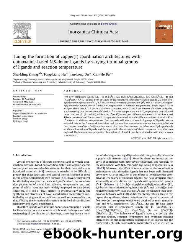 Tuning the formation of copper(I) coordination architectures with quinoxaline-based N,S-donor ligands by varying terminal groups of ligands and reaction temperature by Shu-Ming Zhang; Tong-Liang Hu; Jian-Long Du; Xian-He Bu