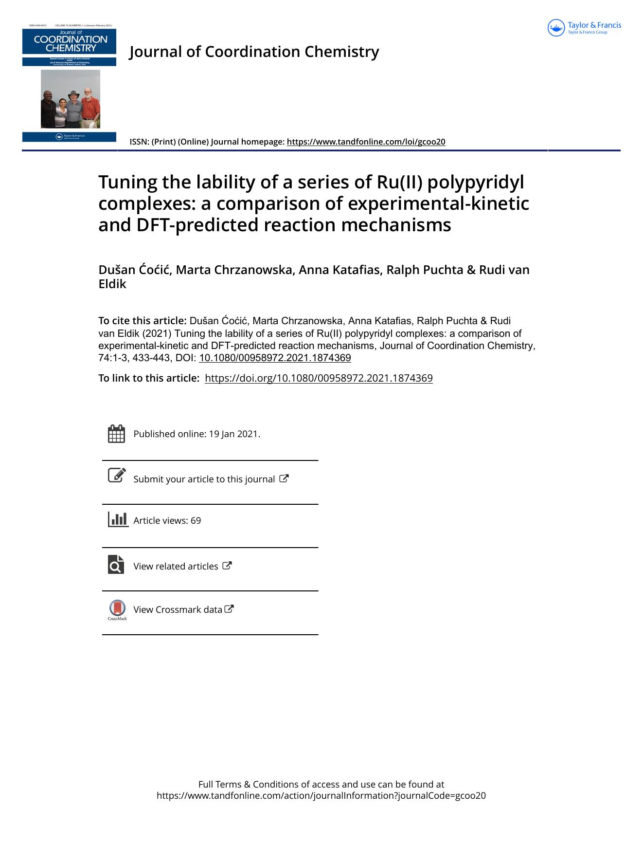 Tuning the lability of a series of Ru(II) polypyridyl complexes: a comparison of experimental-kinetic and DFT-predicted reaction mechanisms by Ćoćić Dušan & Chrzanowska Marta & Katafias Anna & Puchta Ralph & van Eldik Rudi