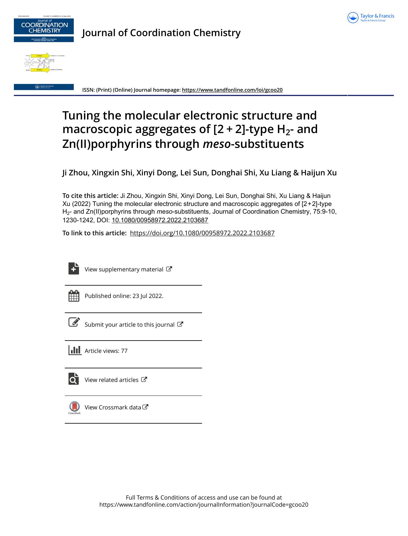 Tuning the molecular electronic structure and macroscopic aggregates of [2â+â2]-type H2- and Zn(II)porphyrins through meso-substituents by Zhou Ji & Shi Xingxin & Dong Xinyi & Sun Lei & Shi Donghai & Liang Xu & Xu Haijun