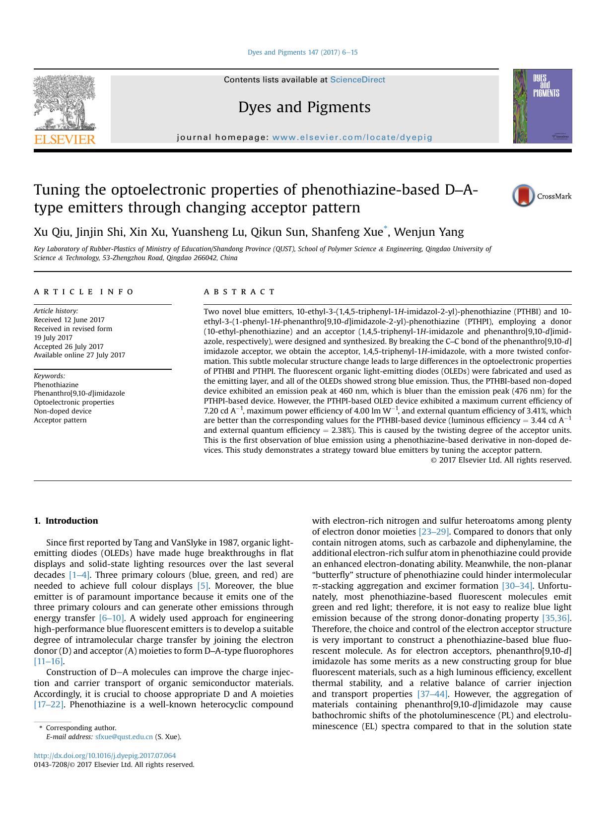 Tuning the optoelectronic properties of phenothiazine-based D‒A-type emitters through changing acceptor pattern by Xu Qiu & Jinjin Shi & Xin Xu & Yuansheng Lu & Qikun Sun & Shanfeng Xue & Wenjun Yang