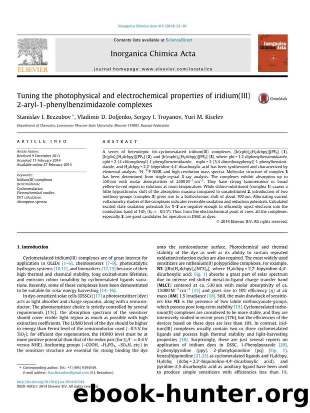 Tuning the photophysical and electrochemical properties of iridium(III) 2-aryl-1-phenylbenzimidazole complexes by Stanislav I. Bezzubov & Vladimir D. Doljenko & Sergey I. Troyanov & Yuri M. Kiselev