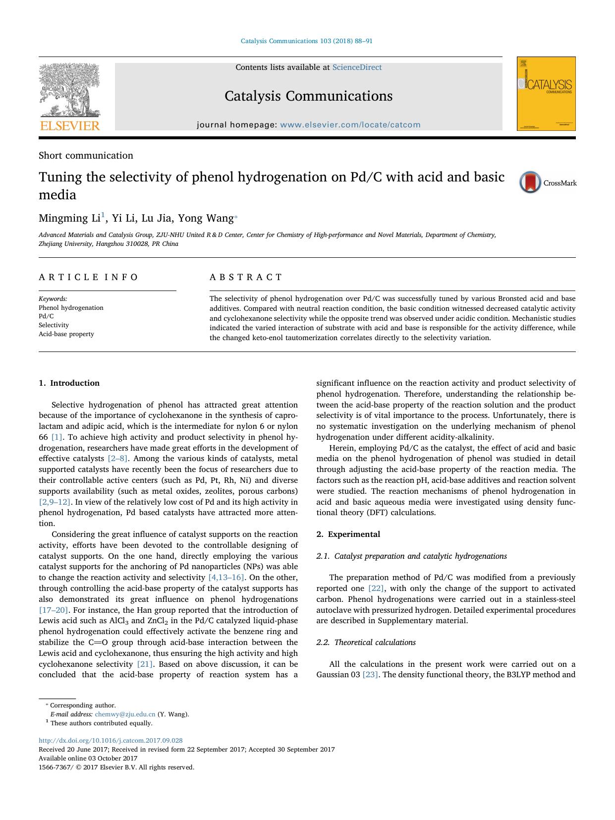 Tuning the selectivity of phenol hydrogenation on PdC with acid and basic media by Mingming Li & Yi Li & Lu Jia & Yong Wang