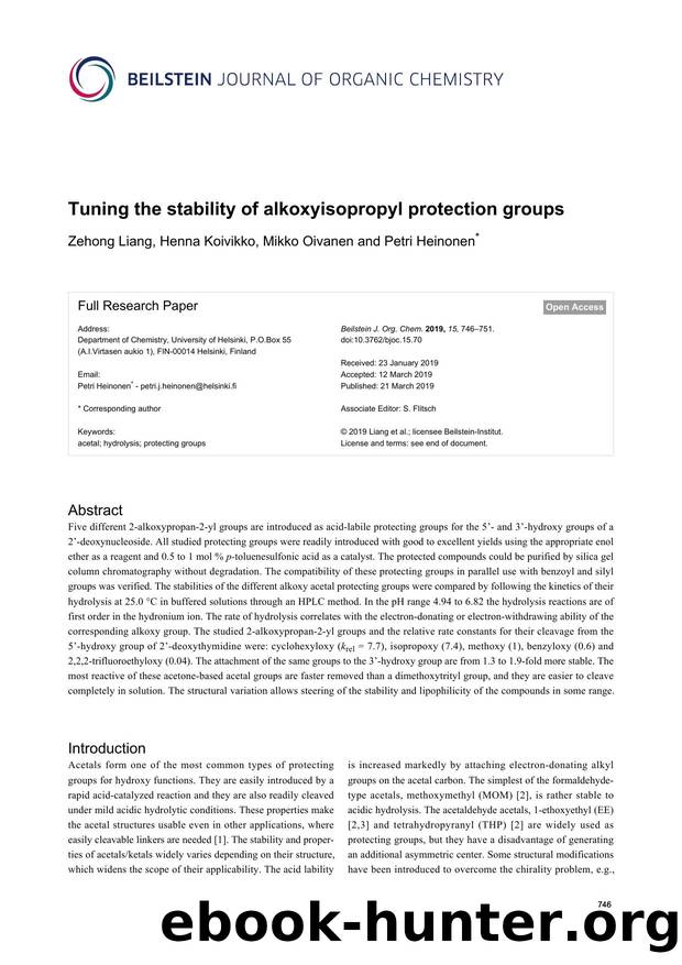 Tuning the stability of alkoxyisopropyl protection groups by Zehong Liang Henna Koivikko Mikko Oivanen Petri Heinonen