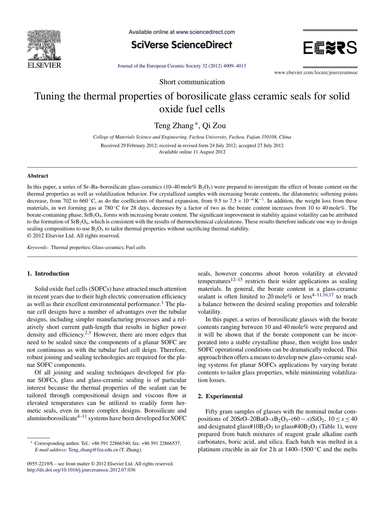 Tuning the thermal properties of borosilicate glass ceramic seals for solid oxide fuel cells by Teng Zhang